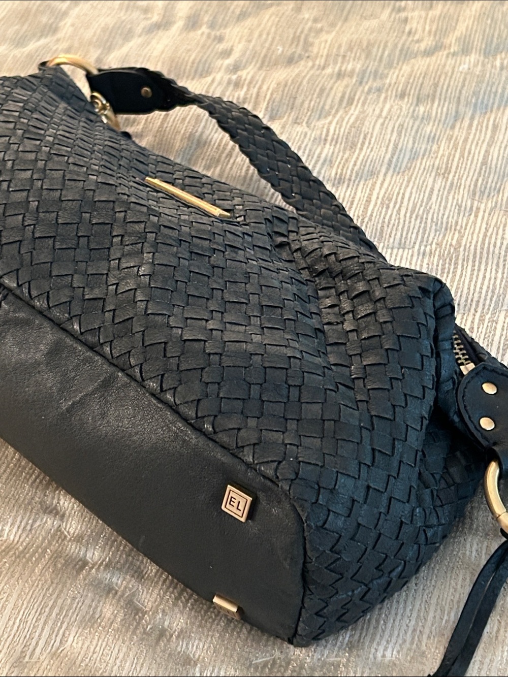 EL Black Woven Shoulder Bag with Gold Accents